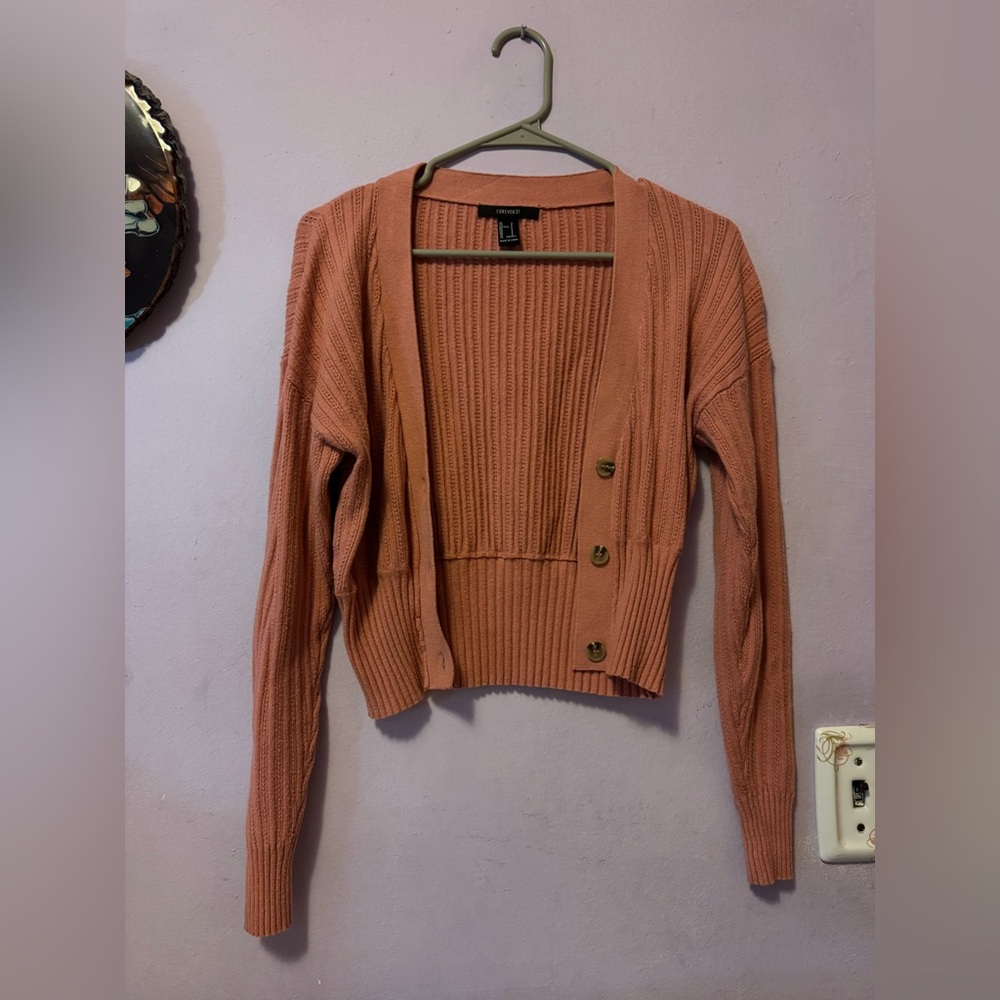 Forever 21 Women's Blush Rose pink Ribbed Button Cardigan Sweater